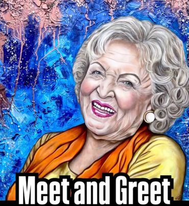 Colorful portrait of a joyful elderly woman with text 'Meet and Greet'.