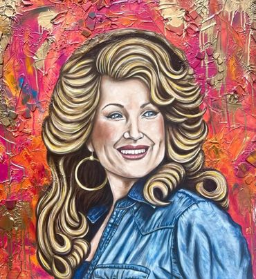 Vibrant portrait of a smiling woman with voluminous blonde hair and hoop earrings.