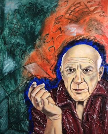 Portrait of an elderly man with a contemplative expression, holding a cigarette, set against an abstract colorful background.