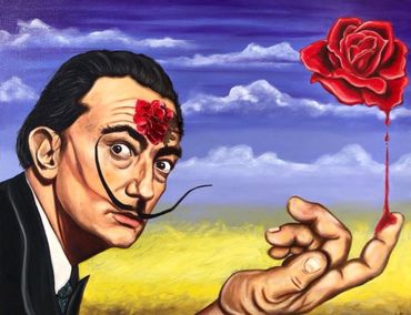 Surreal portrait of a man with a mustache and roses on his forehead and finger against a vivid sky.