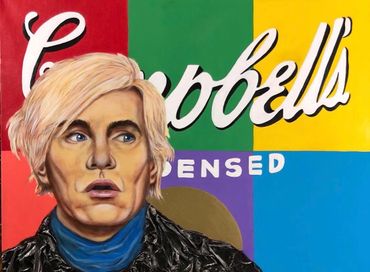 Portrait of Andy Warhol with colorful Campbell's soup background.