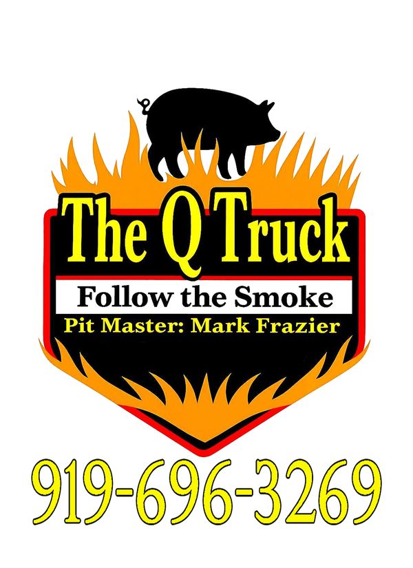 Logo for The Q Truck BBQ with a pig silhouette and flames, featuring Pit Master Mark Frazier.