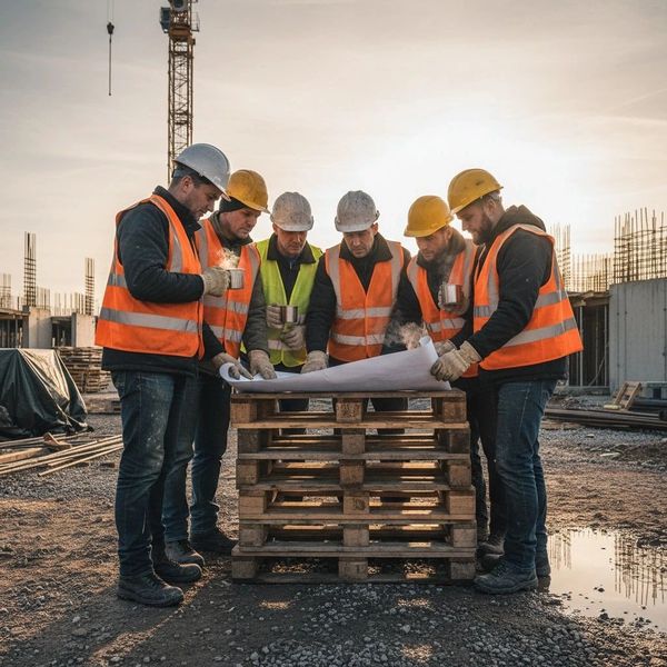Construction workers reviewing blueprints on site during sunset.