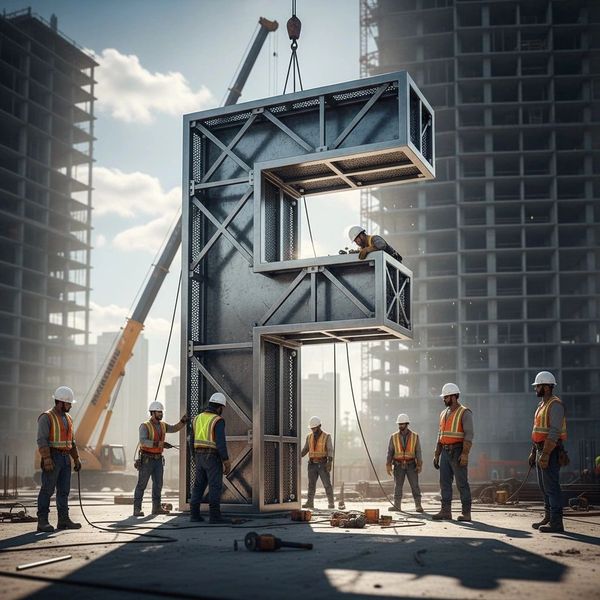 Construction workers assembling a large metallic letter F on-site.