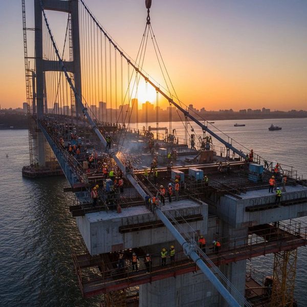Construction workers building a bridge during sunset over a river.