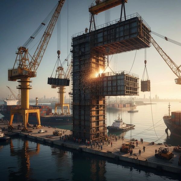 Cranes lifting large concrete sections for bridge construction over water.