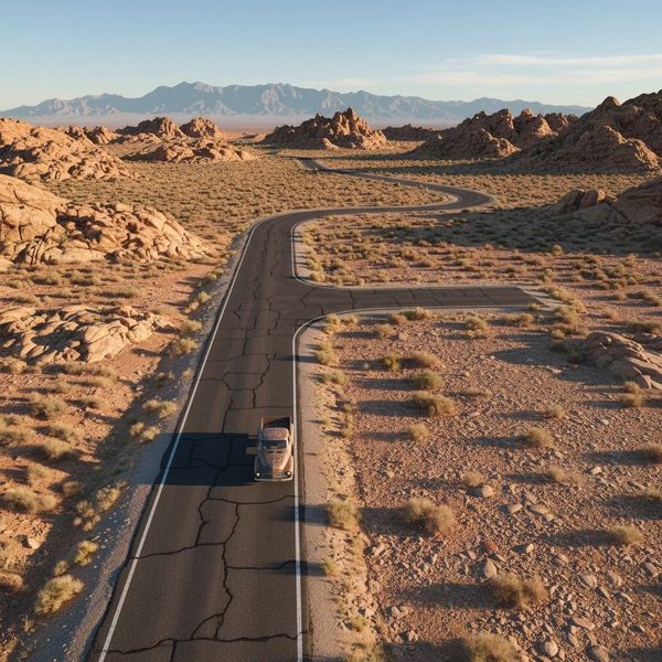 A lone vehicle drives on a winding road through a rocky desert landscape.