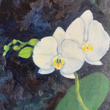 Painting of delicate white orchid flowers.
