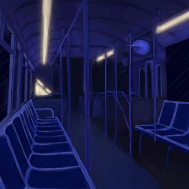 Empty bus interior at night with dim lighting.