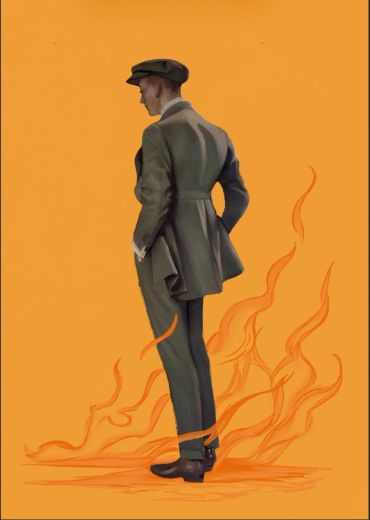 A man in vintage attire stands with flames around his feet.