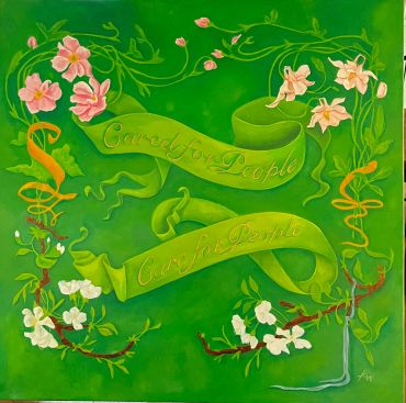 Green banner with flowers and the phrase "Care for People, Care for People".