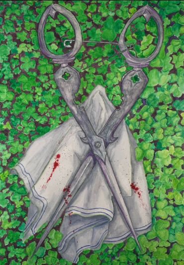 Rusty scissors and blood-stained cloth on clover background.