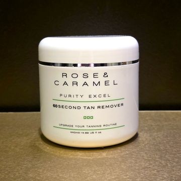Rose &amp; Caramel 60 Second Tan Remover jar on a surface.