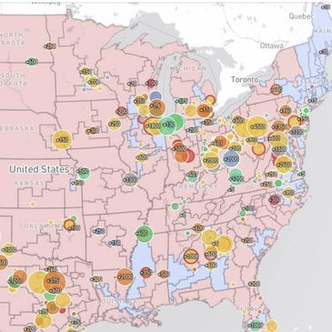 Map showing various colored markers with numbers across the eastern United States.