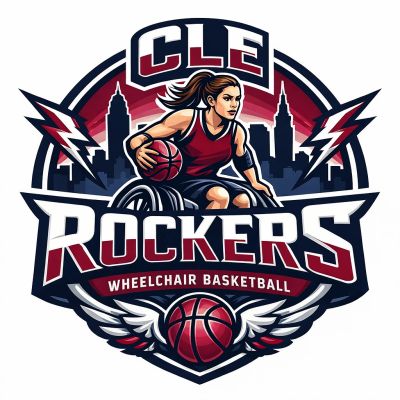 Logo of CLE Rockers wheelchair basketball team with a player in action.