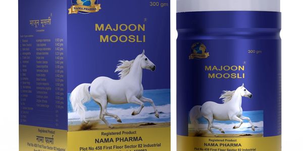 Blue and yellow packaging of Majoon Moosli by Nama Pharma featuring a white horse.