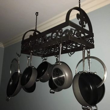 Custom pieces like this pot rack are built from customers ideas that we turn into a reality for them