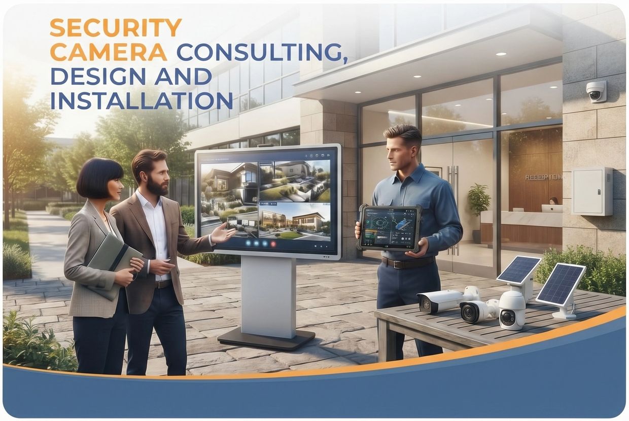 Business professionals discussing security camera installation outdoors.