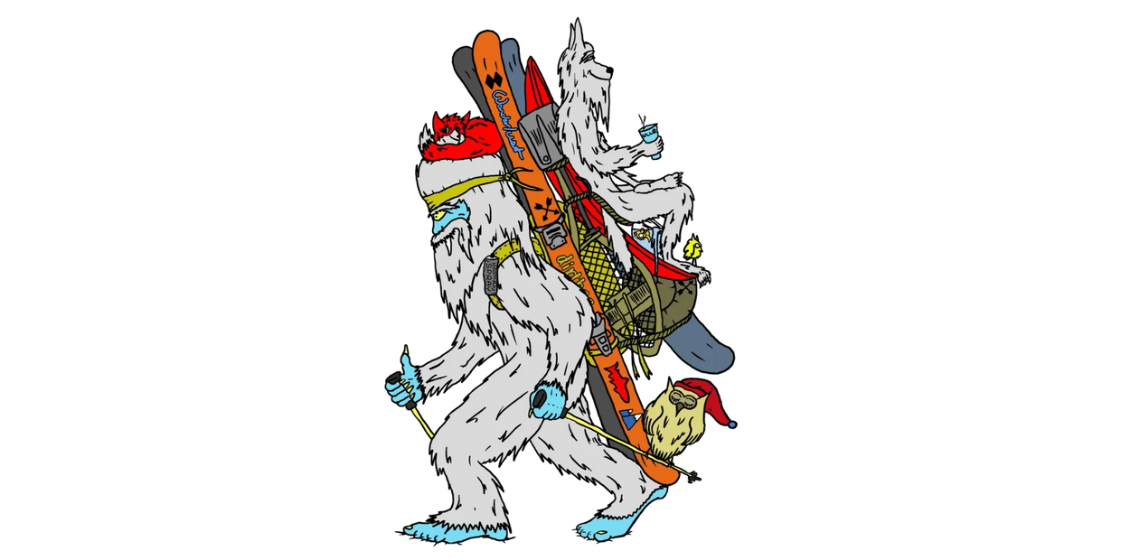 A yeti carrying skis and a wolf with an owl in a backpack, both holding cups.