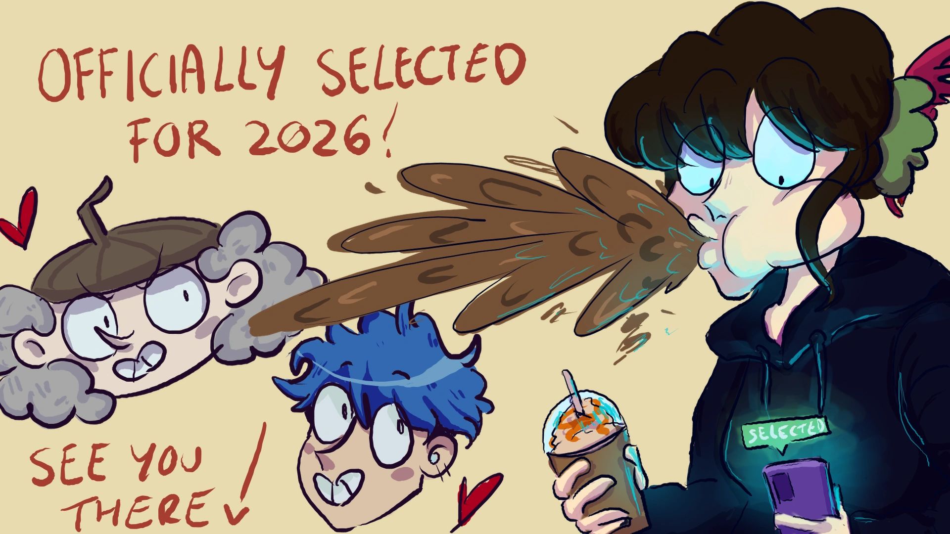 Cartoon character spits coffee with excitement, announcing official selection for 2026 event.