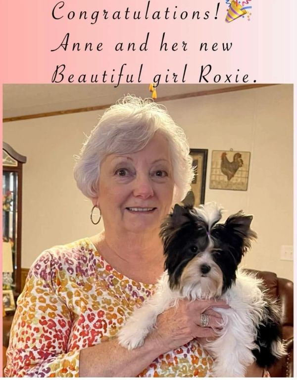 An elderly woman holding a black and white fluffy puppy, smiling.