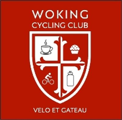 Woking Cycling Club logo with coffee, bike, cupcake, and water bottle icons.