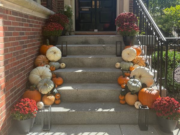 Front steps decorated with pumpkins and autumn flowers.