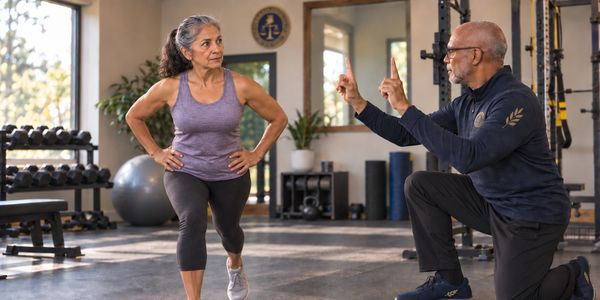 Senior woman exercising with trainer in gym.