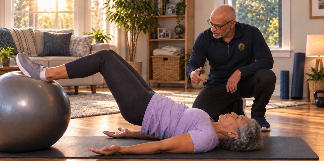 Woman exercising with coach guidance using stability ball.