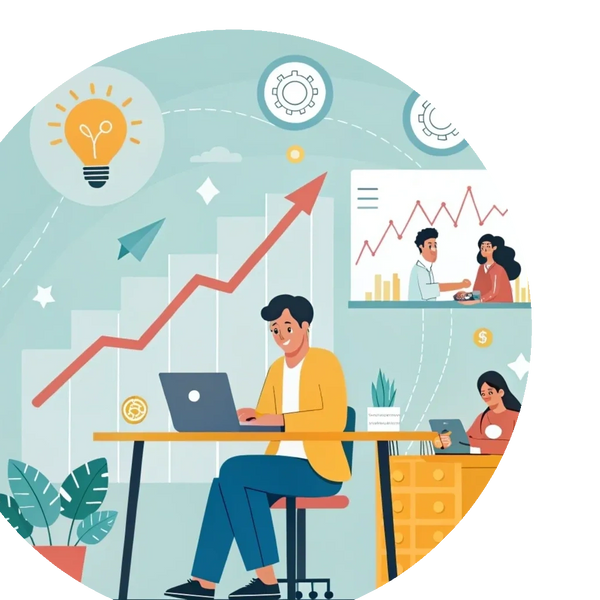 thriving business owner in a bright, organized office, surrounded by efficient contract workers