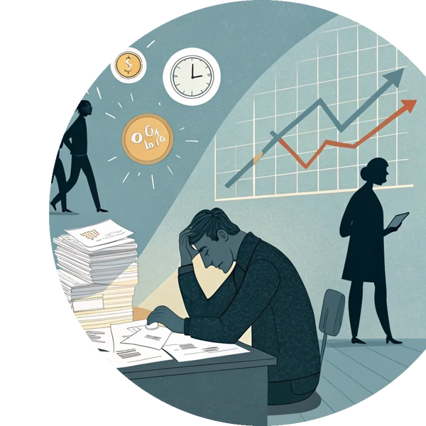 business owner sitting, looking stressed while reviewing a pile of invoices and payroll sheets