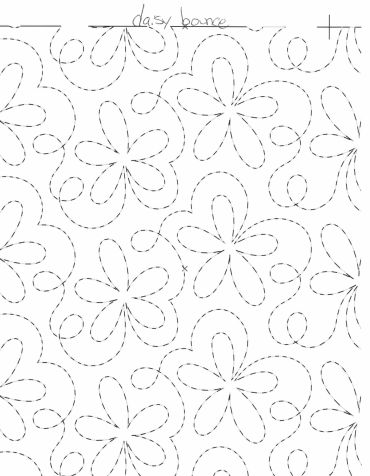 Hand-drawn daisy pattern with looping lines on white background.