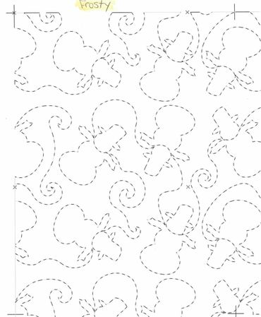 Pattern of stitched snowmen and swirls labeled 'Frosty'.