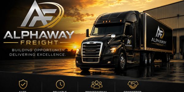 Alphaway Freight semi-truck at sunset representing safe, reliable freight transportation.
 