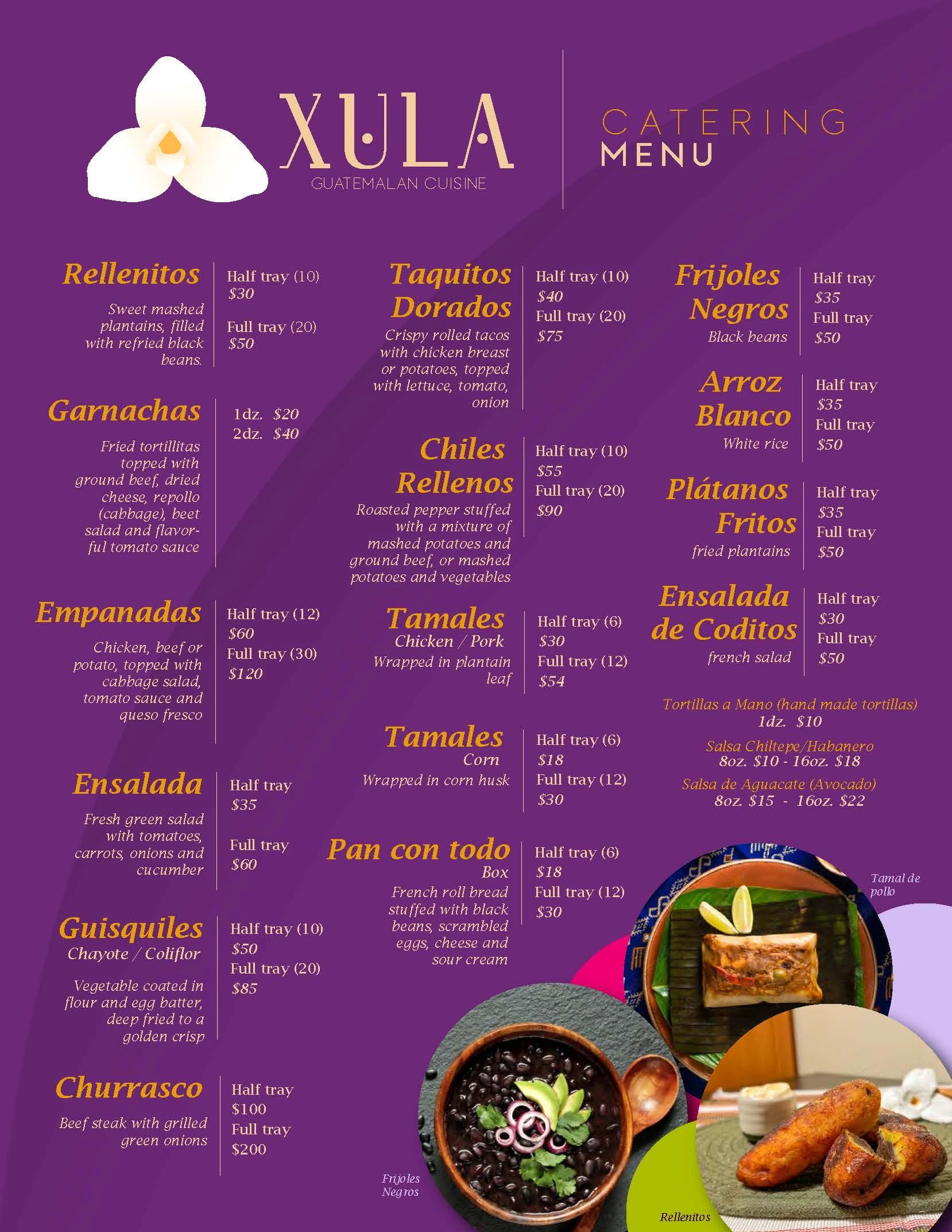 The catering menu at Xula.