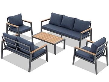 7 seat outdoor seating set with coffee table and navy blue upholstery
