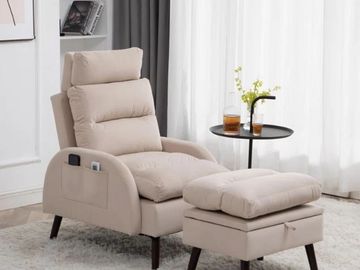 Beige reclining chair with side pockets and a matching storage ottoman