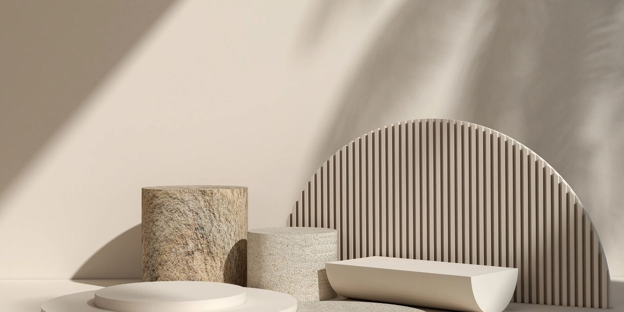 Abstract white clay composition of cylinders and plates 