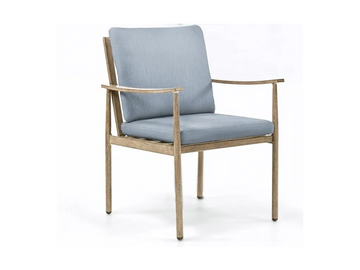 Natural wood-grain colored aluminium outdoor chair with light blue cushions