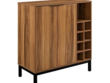 Brown mini bar wooden cabinet with bottle pigeon holes, two doors and top mounted rails for glasses