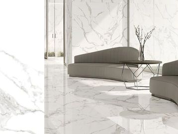 Carrara pattern porcelain tile swatch with a living room view