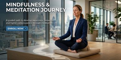 A woman meditates in an office promoting mindfulness and meditation courses.