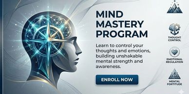 Illustration of a human head with a glowing brain compass for a Mind Mastery Program.