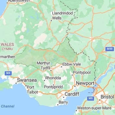 Map showing South Wales with major towns and roads.
