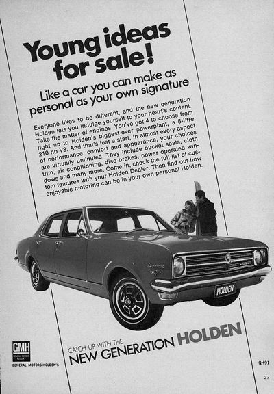Image: early magazine advertisement, circa 1968, for the new Kingswood bigger-bodied Holdens.