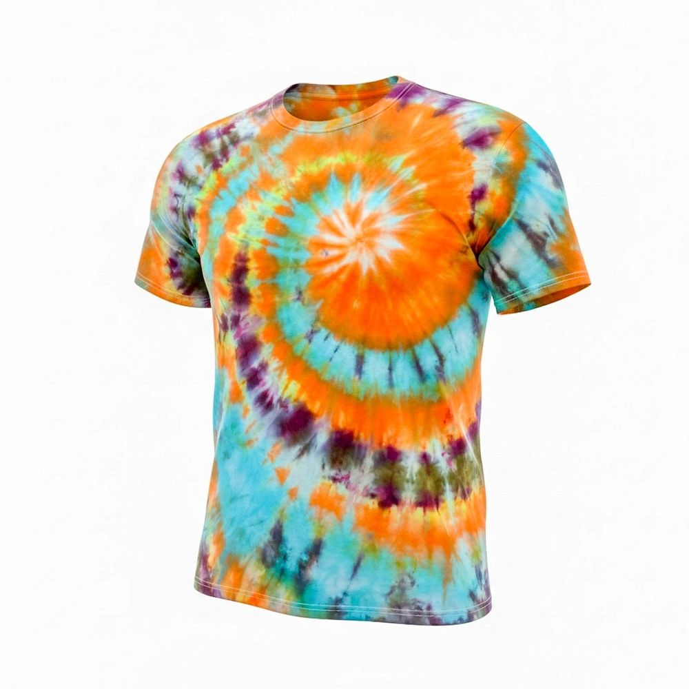 Colorful tie-dye fabric with intricate patterns in blue, purple, and orange hues.