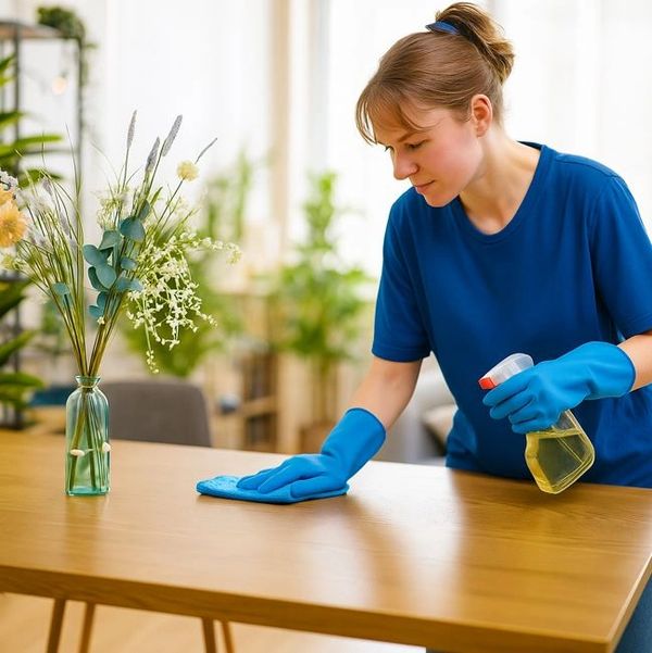 Professional cleaner in blue uniform wiping a table with spray bottle and cloth.