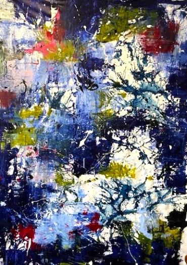 Abstract painting with blue, white, yellow, red, and green splashes.