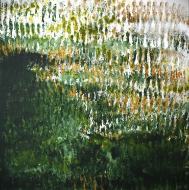 Abstract painting with textured brushstrokes in green, white, and brown.