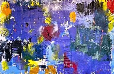 Colorful abstract painting with dominant blue and yellow tones.